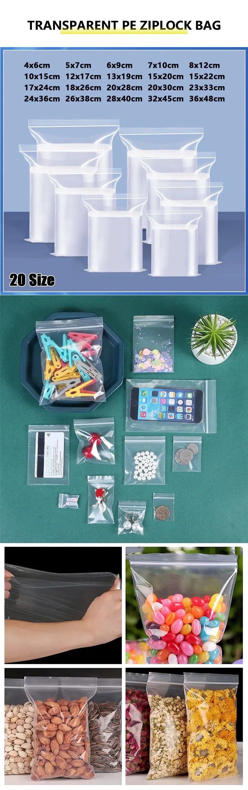 100pcs Thicken Zipper Sealed Bags Clear Plastic Storage Bag for Small Jewelry Food Packing Reclosable Plastic Ziplock Bags