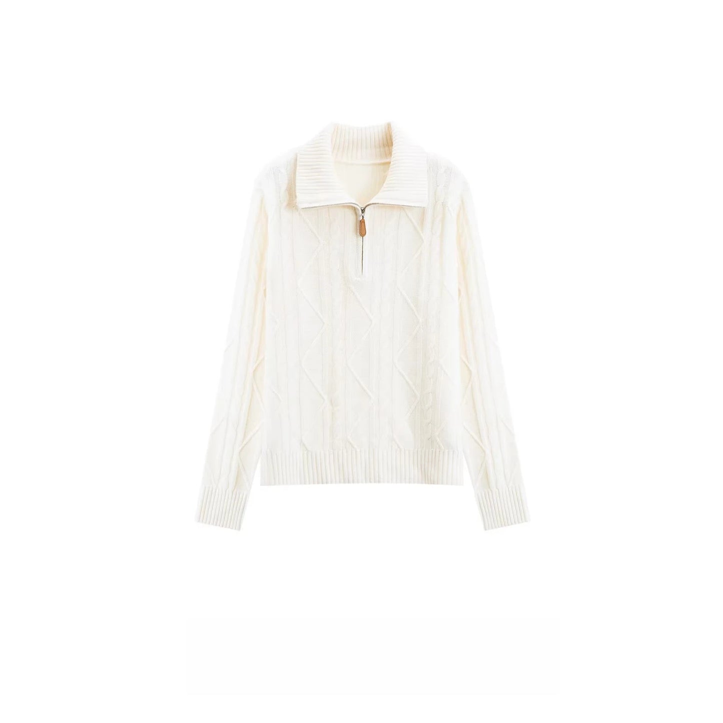Autumn and winter new lapel zipper twisted pure cashmere knitted long sleeve loose versatile western-style top.