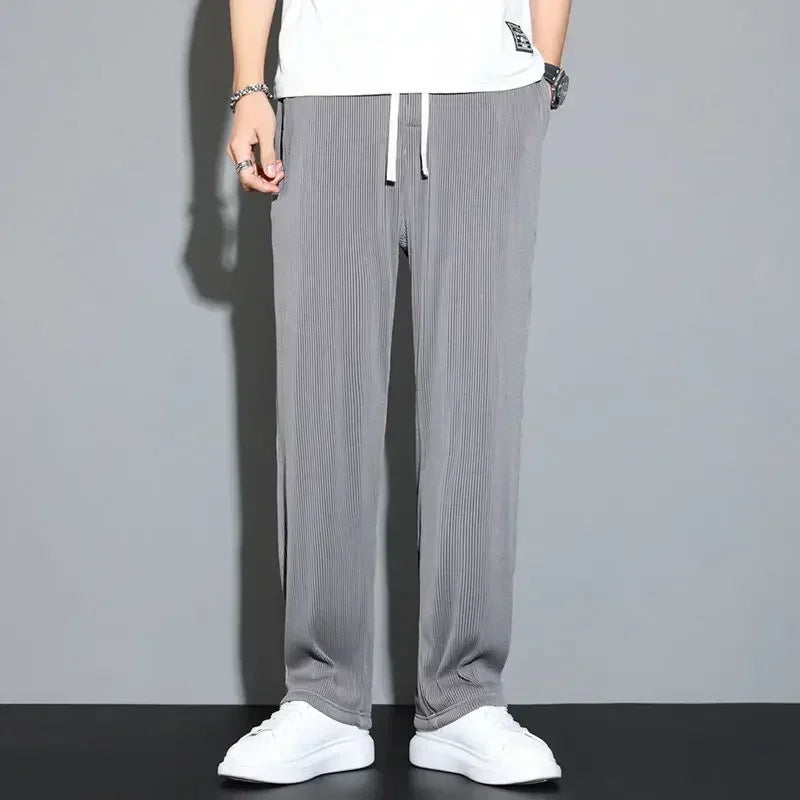 Summer Loose Ice Silk Pants Men's Drape 100KG Size Long Pants Fat Casual Sports Pants Wide Leg Straight Pants Tide Brand
