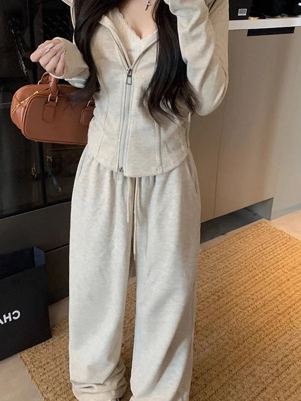 Faionable Lazy Sle Women's Outfit Long Sve Hoodie Wide Leg Casual Pants Two Piece Set Autumn Commute Windbreaker