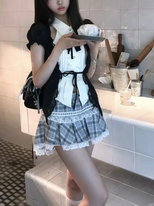 Fashion Sweet Lace Short Sleeve 2 Piece Set Women Design Chic Lapel Bow Patchwork Tops + High Waist Slim Plaid Short Skirt New