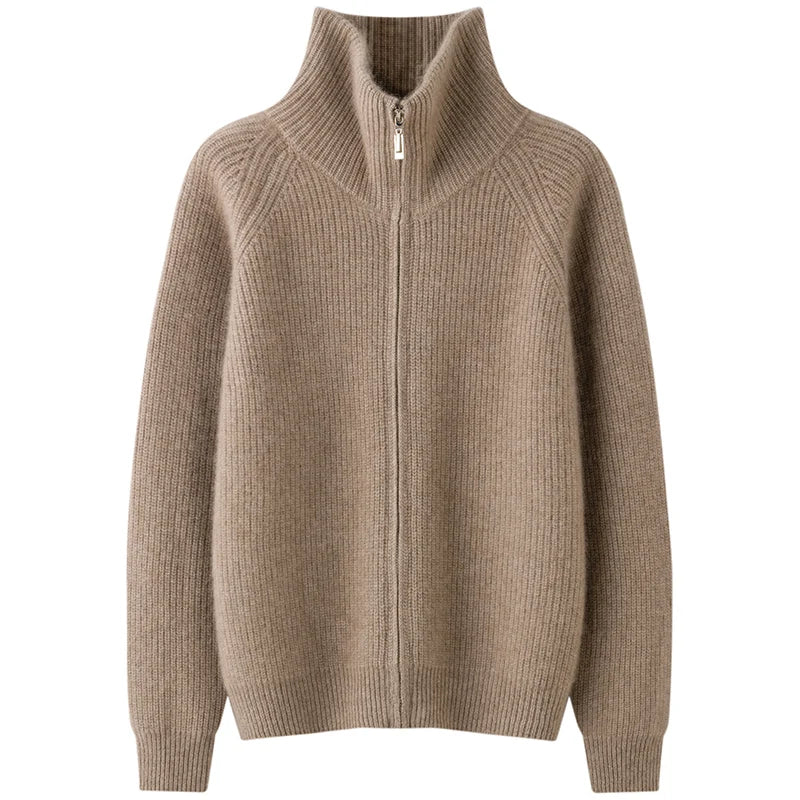 Autumn and winter women's clothing 100% pure cashmere collar thick knit zipper cardigan oversized coat sweater long sleeve loose
