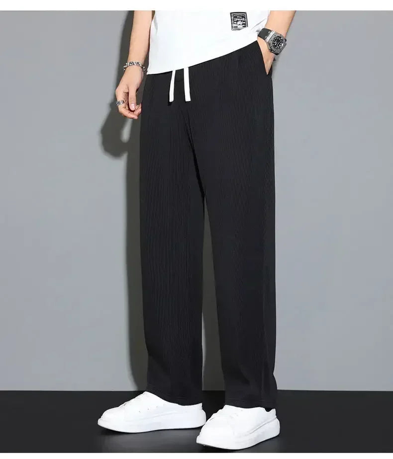 Summer Loose Ice Silk Pants Men's Drape 100KG Size Long Pants Fat Casual Sports Pants Wide Leg Straight Pants Tide Brand