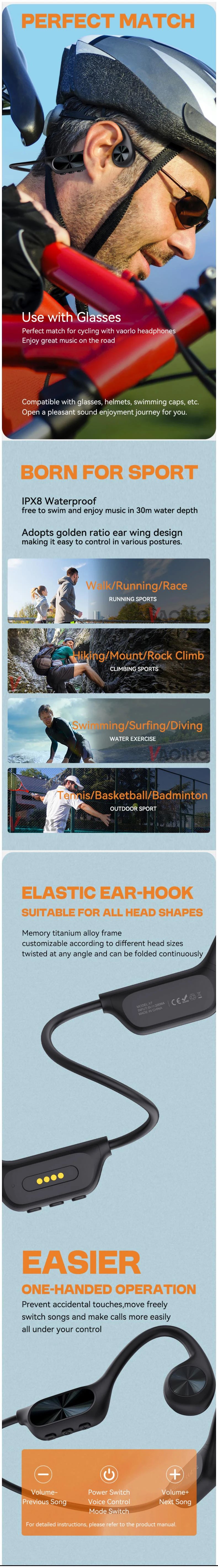 IPX8 Waterproof Swimming Diving Bone Conduction Headphone Bluetooth 5.3 Bass Wireless Headset MP3 (32G) Player fitness Earphone