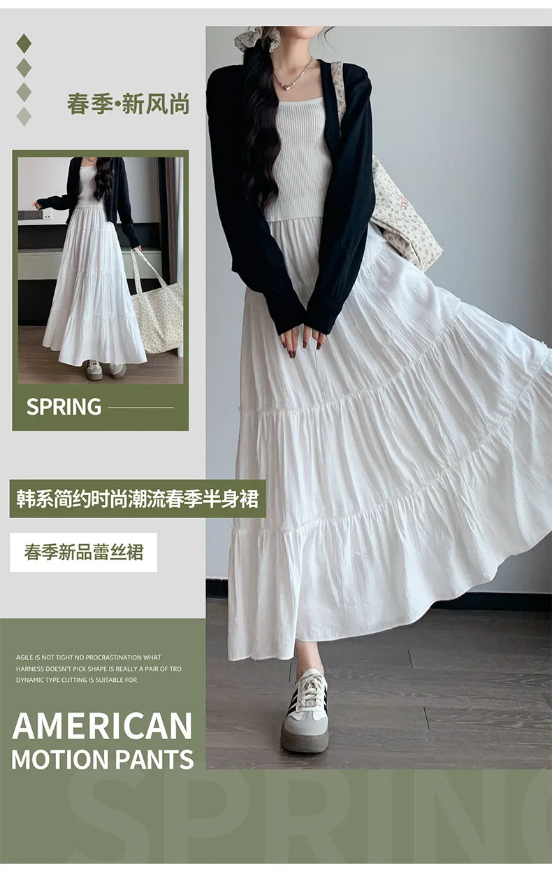 Elegant White Ruffled Long Skirts for Women High Waist A Line Maxi Skirt Woman Spring Summer Casual Loose Korean Umbrella Skirt
