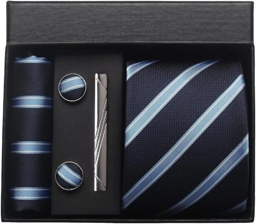 Classic 100% Silk Men's Ties In Gift box 8cm Plaid Dot Striped Business Necktie Handkerchief Cufflinks Wedding Party Tie Set