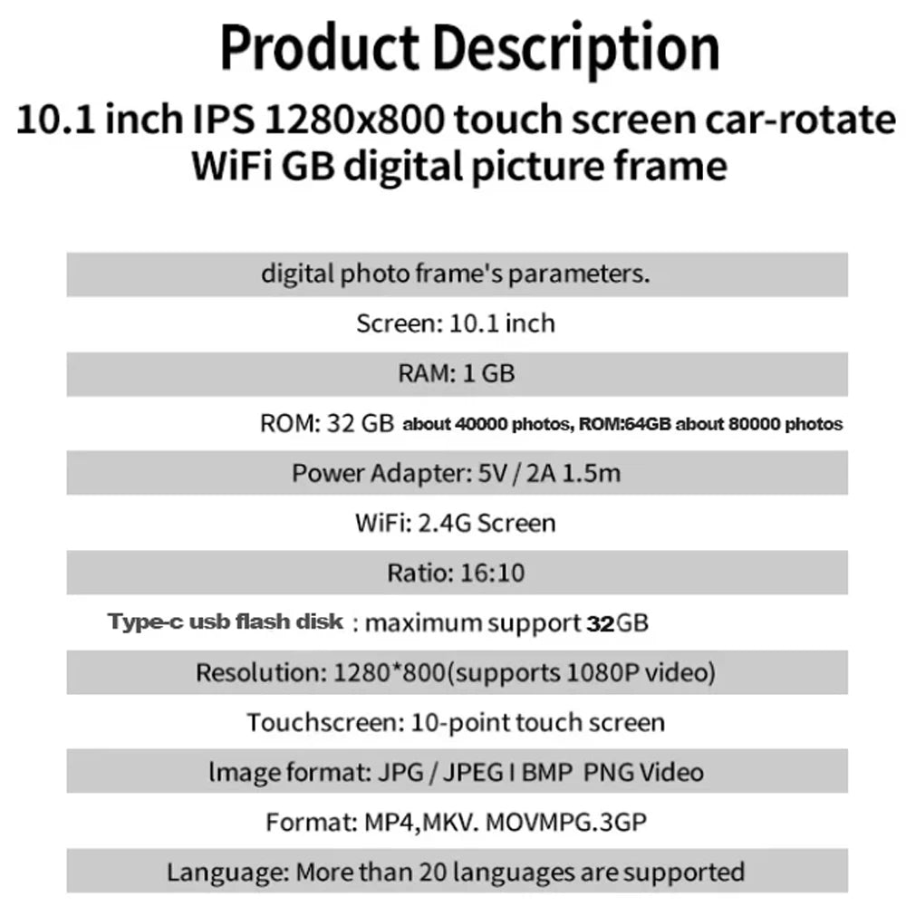 Frameo Digital Picture Frame 10.1 Inch 32GB/64GB Smart WiFi digital photo frame with 1280x800 IPS HD Touch Screen Wall Mountable