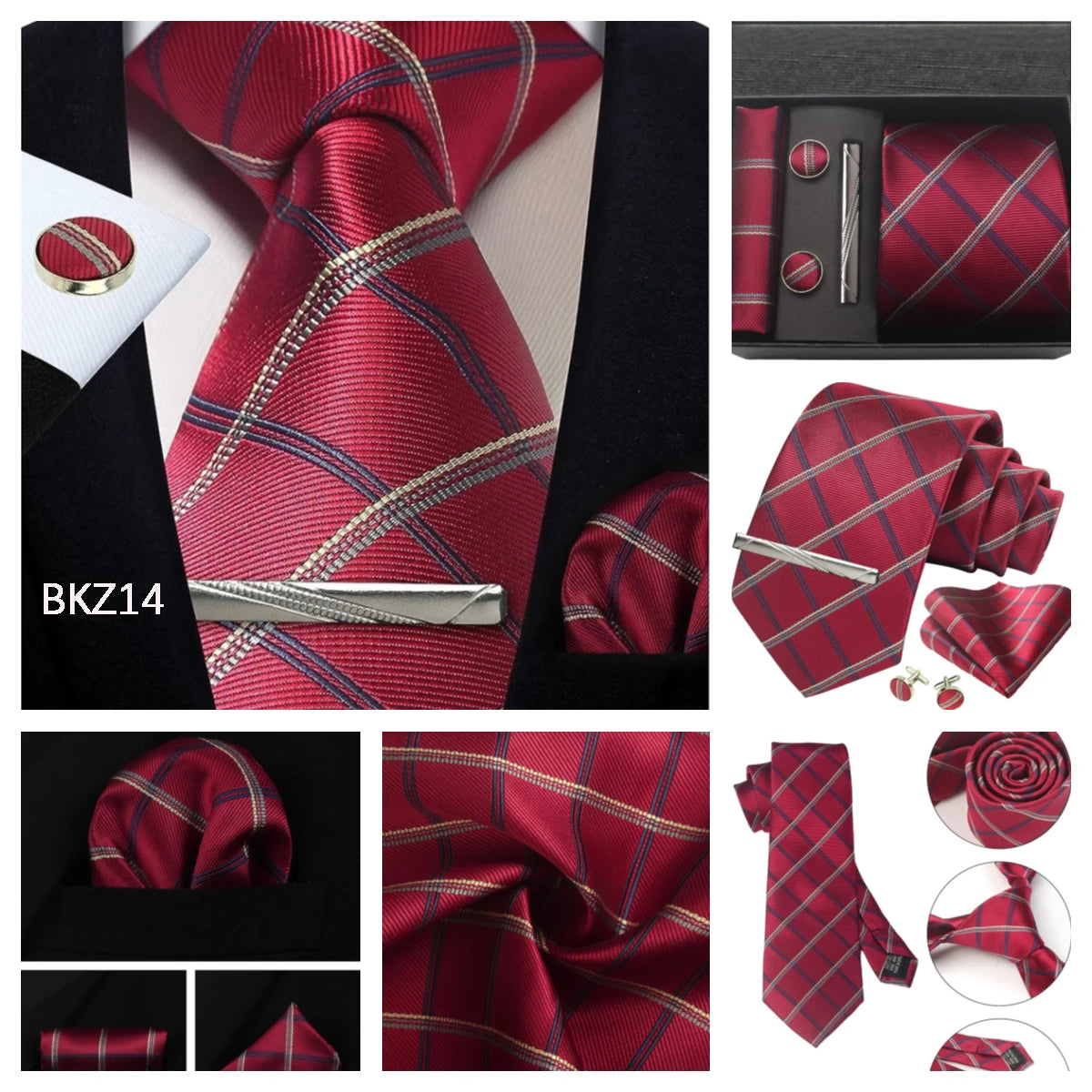 Classic 100% Silk Men's Ties In Gift box 8cm Plaid Dot Striped Business Necktie Handkerchief Cufflinks Wedding Party Tie Set