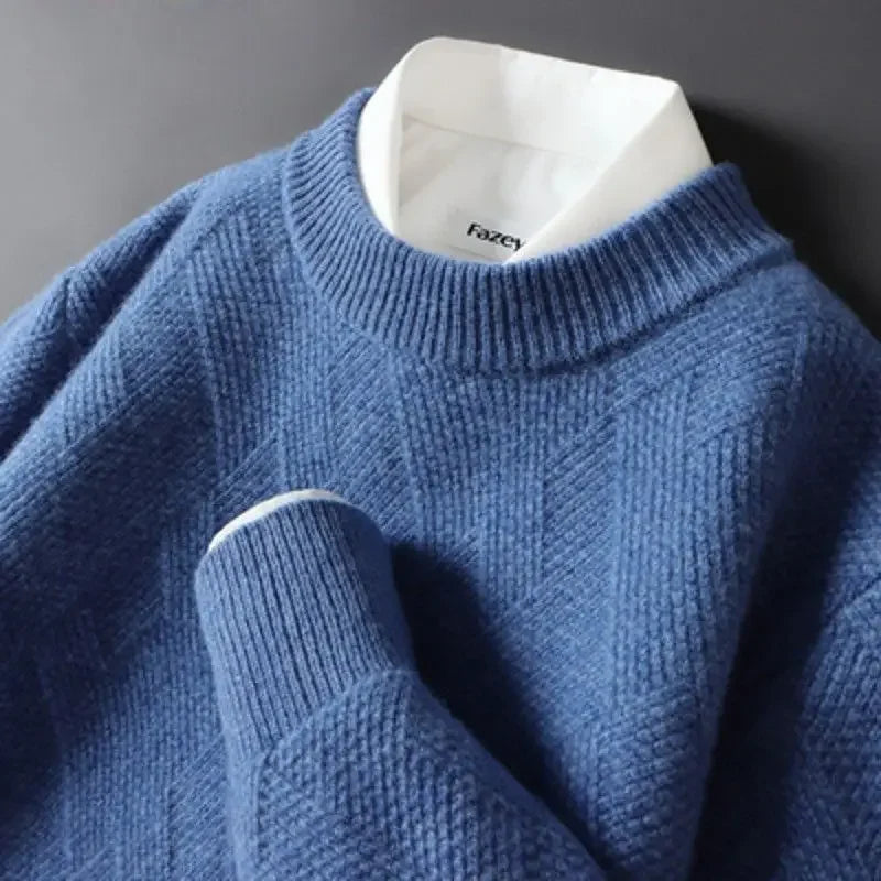 Men's Cashmere Sweater Loose and Thick Jacquard Crewneck Sweater Autumn and Winter New Solid Color Men's Knit Bottom Sweater