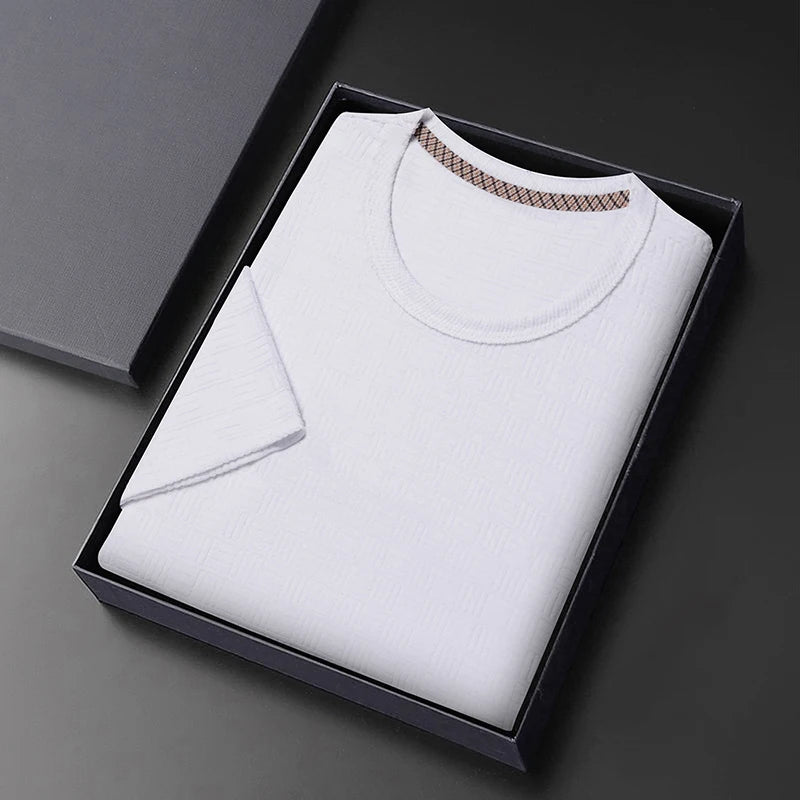 8 Colour New Men's Casual Jacquard Short Sleeved Round Neck T-shirt Fashion Top