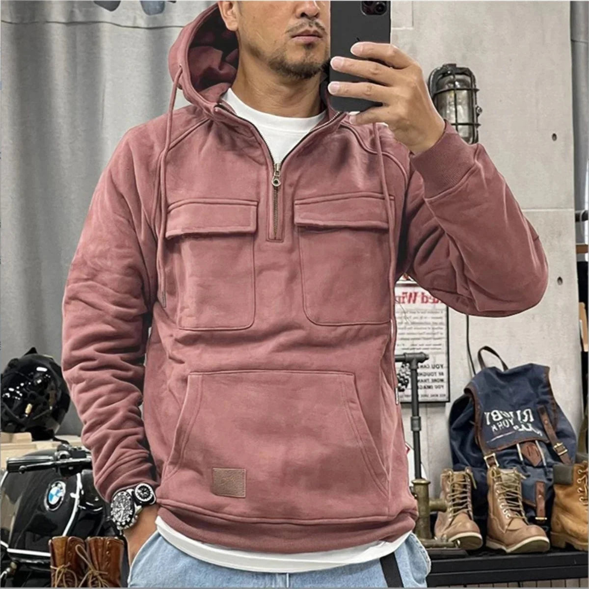 Men's Casual Sports Hooded Sweatshirt New style Outdoor Thick Fashionable Loose Long-Sleeved Pullover with Multiple Pockets