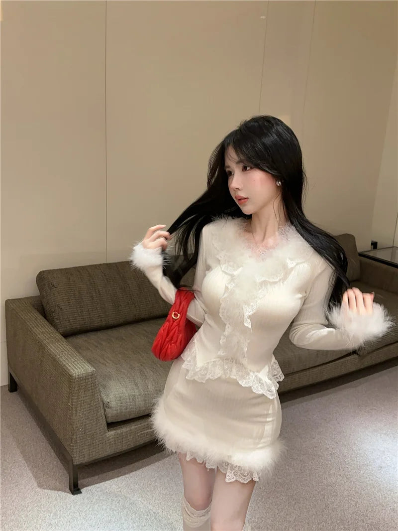 Autumn Winter Lace Splice Knitted Sve High Waist Slim Fit Bodycon Skirt Set V-Ne Soft Pure Desire Long Sve T-irt