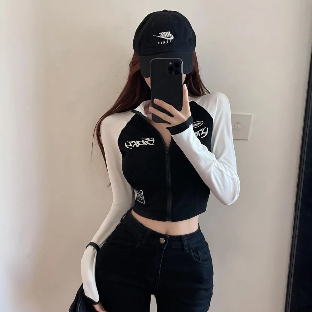 Y2K Vintage T-shirt Women Spring Long Sleeve O Neck Crop Top Korean Fashion Vintage High Street Zip Up Tees Streetwear DF4937