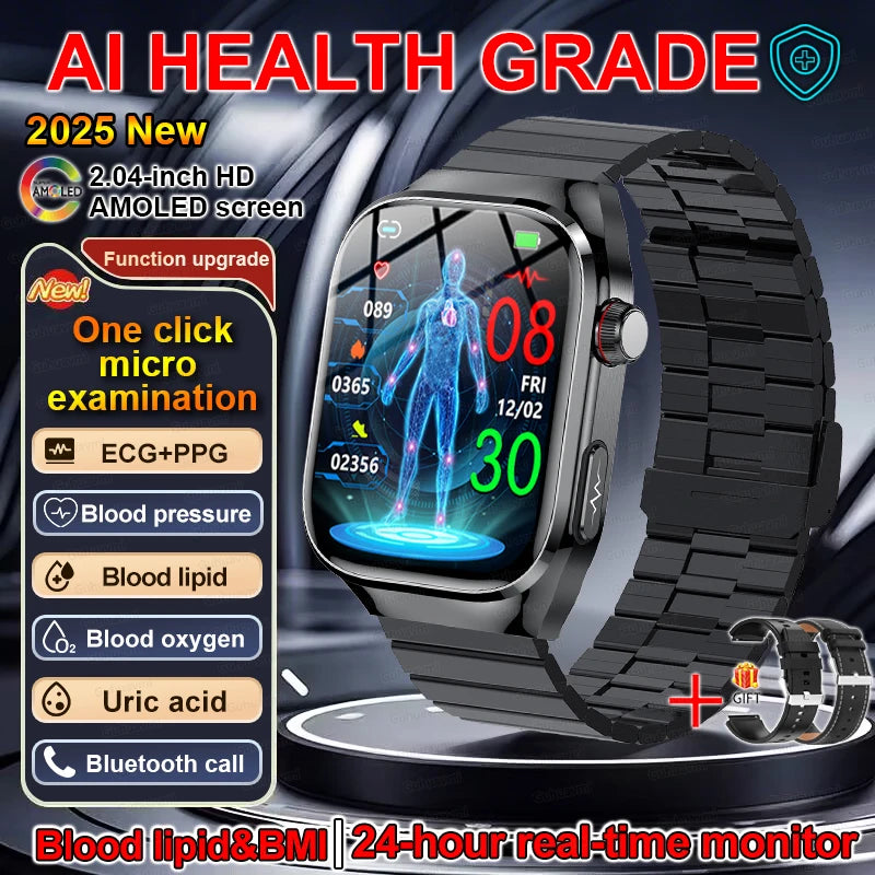 2025 New ECG+PPG Clock Smartwatch Men Uric Acid Blood Pressure Blood Oxygen Body Analysis Heart Health Monitor Smart Watch lady