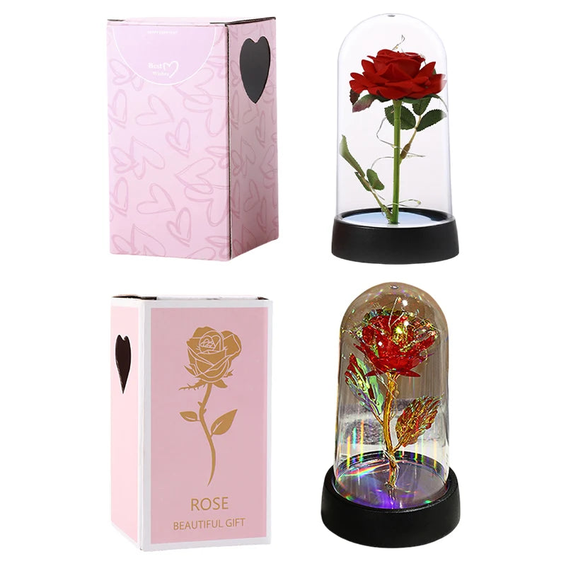 Artificial Rose Flowers Eternal Rose LED Light Foil Flower in Glass Cover Simulation Rose Flower Christmas Valentine's Day Gifts