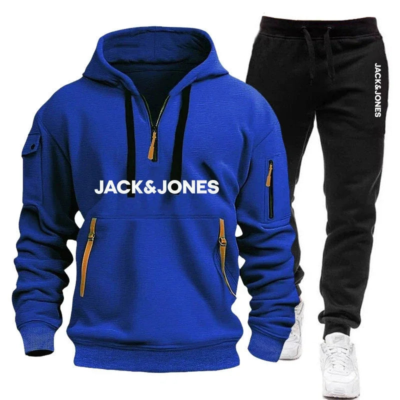 Two sets of men's sportswear for autumn/Winter 2025, including a sweatshirt and two sets of fitness jogging pants with wool caps
