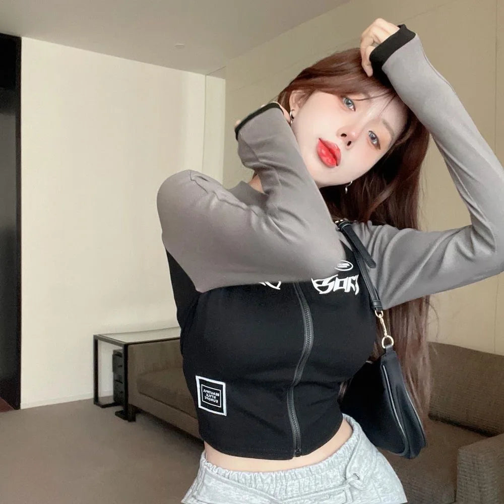 Y2K Vintage T-shirt Women Spring Long Sleeve O Neck Crop Top Korean Fashion Vintage High Street Zip Up Tees Streetwear DF4937