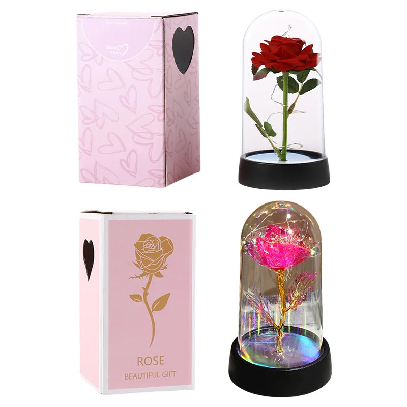 Artificial Rose Flowers Eternal Rose LED Light Foil Flower in Glass Cover Simulation Rose Flower Christmas Valentine's Day Gifts