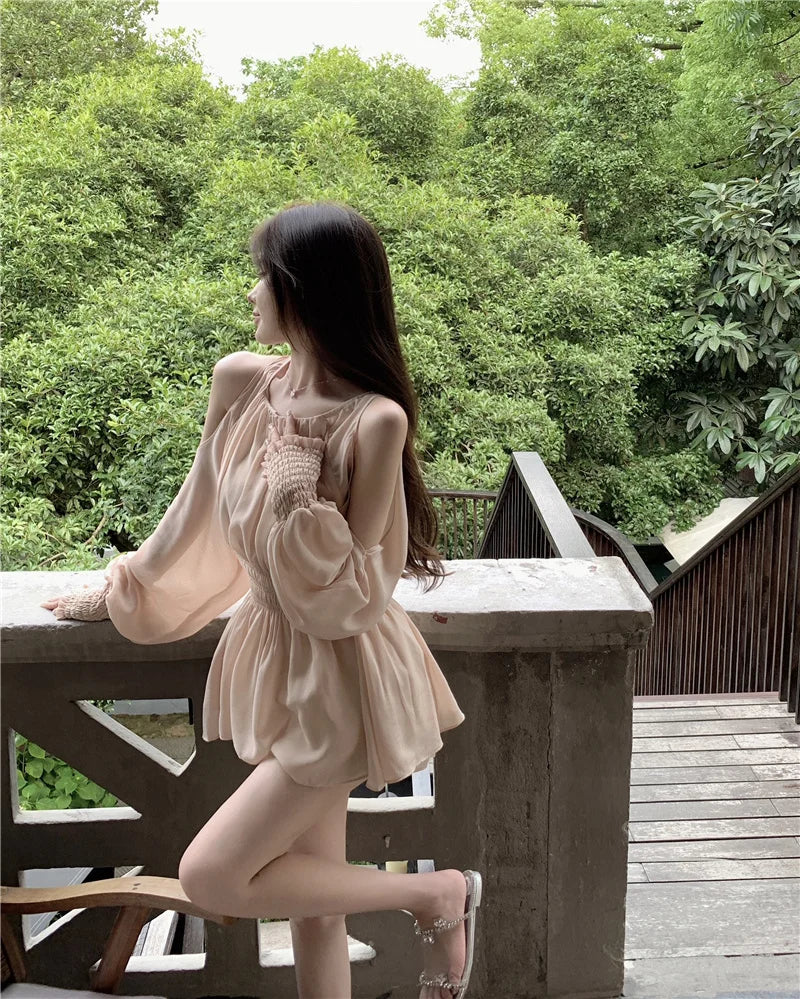 oulder Bared Bubble Sve High Waist ort Set Women's Faion 2025 Autumn Spring Chiffon Top And orts Two Piece Set