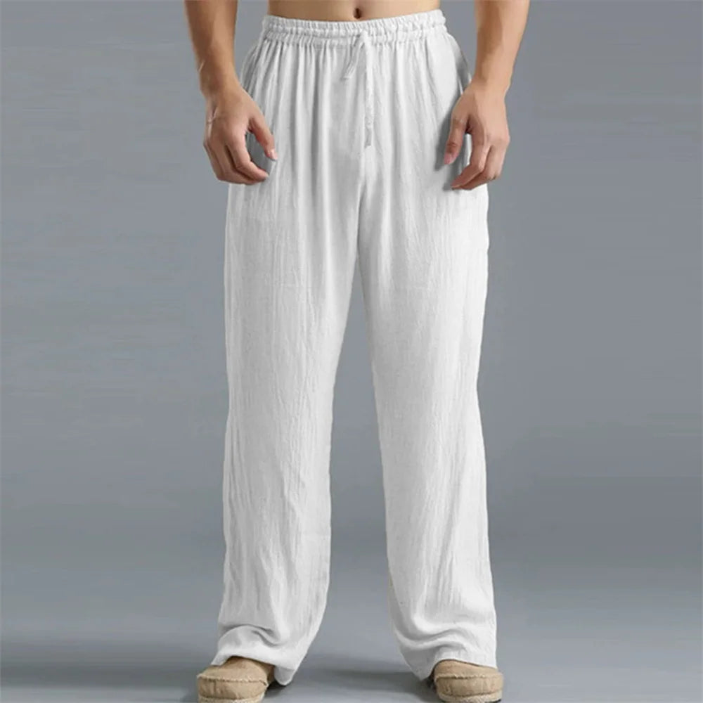 Men's Cotton Linen Straight Leg Pants Lightweight Breathable Trousers Beach Style Solid Color Casual Cozy Sweatpants