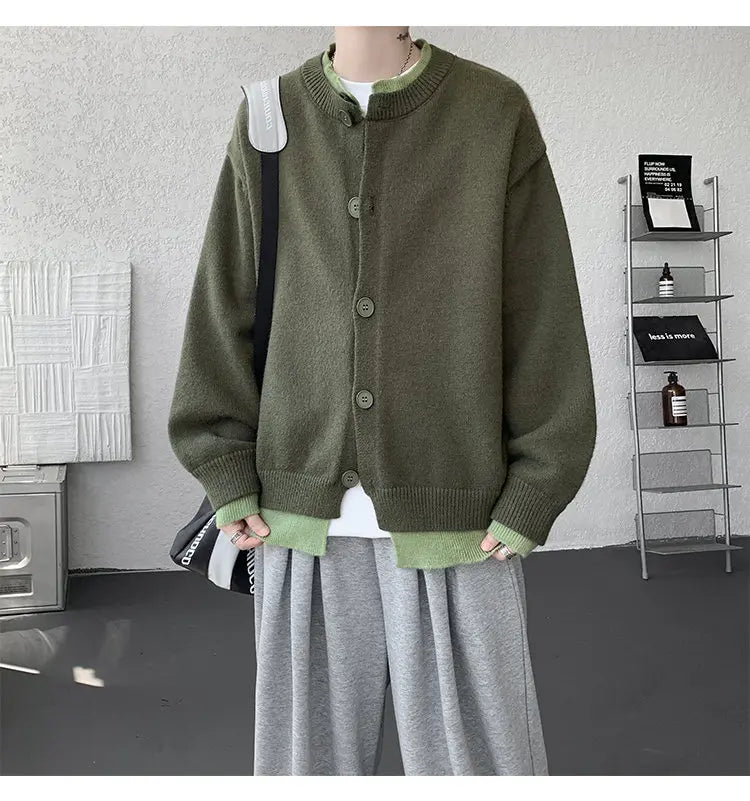 Men's Casual Contrast Color Cardigan Sweater Loose Button Front Knitted Coat for Daily Wear