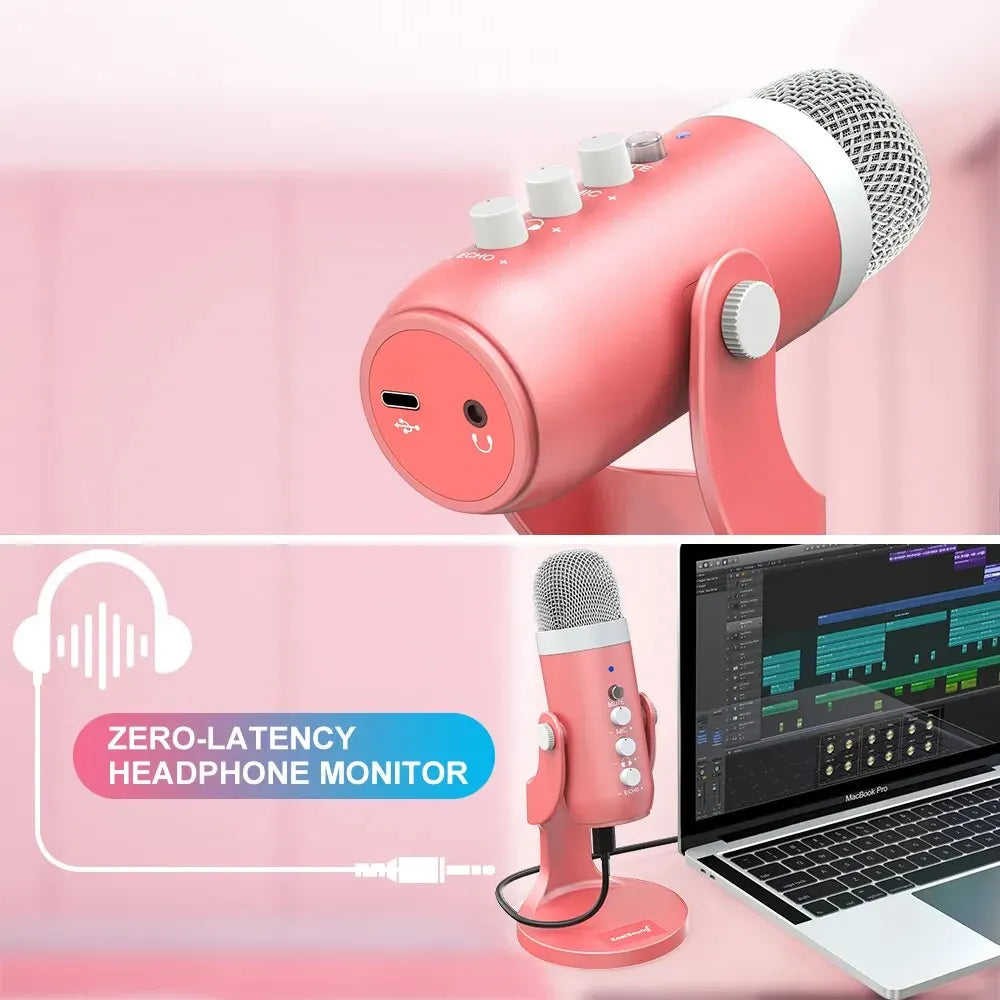 Haomuren USB Condenser Microphone Pink Studio Recording Mic for PC Mac Computer Phone Gaming Streaming Podcasting Laptop Desktop
