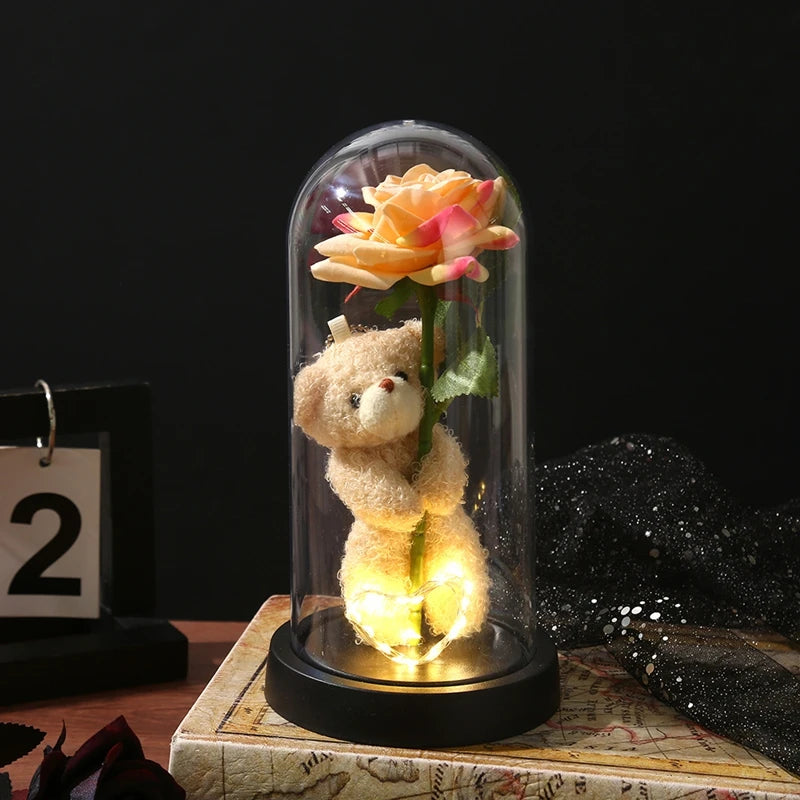 Artificial Rose Flowers Eternal Rose LED Light Foil Flower in Glass Cover Simulation Rose Flower Christmas Valentine's Day Gifts
