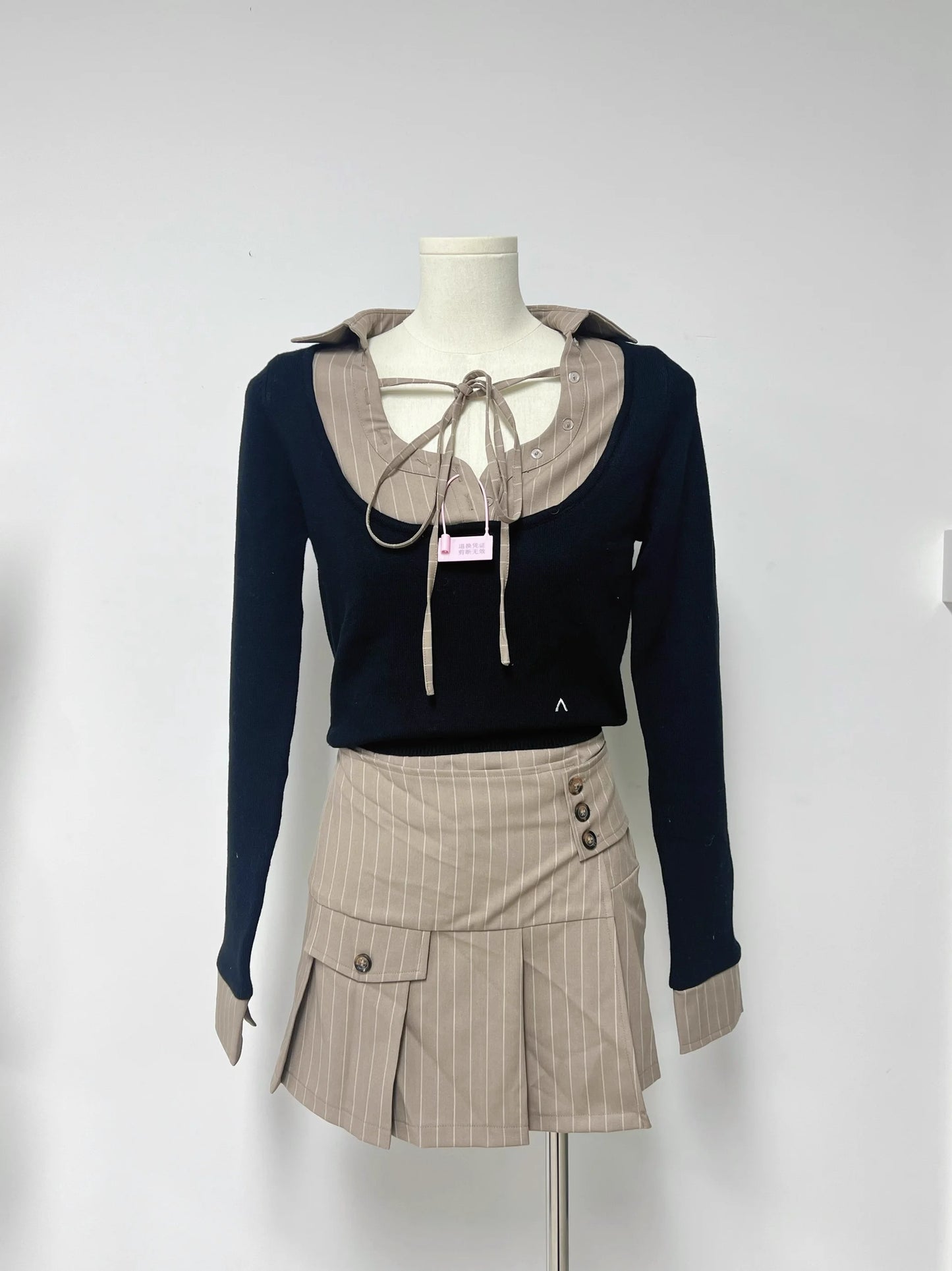 Japanese Sle Autumn Winter Striped f Skirt ort Skirt Set with Tie Long Sve Turn-down Collar Top Women's Hanfu