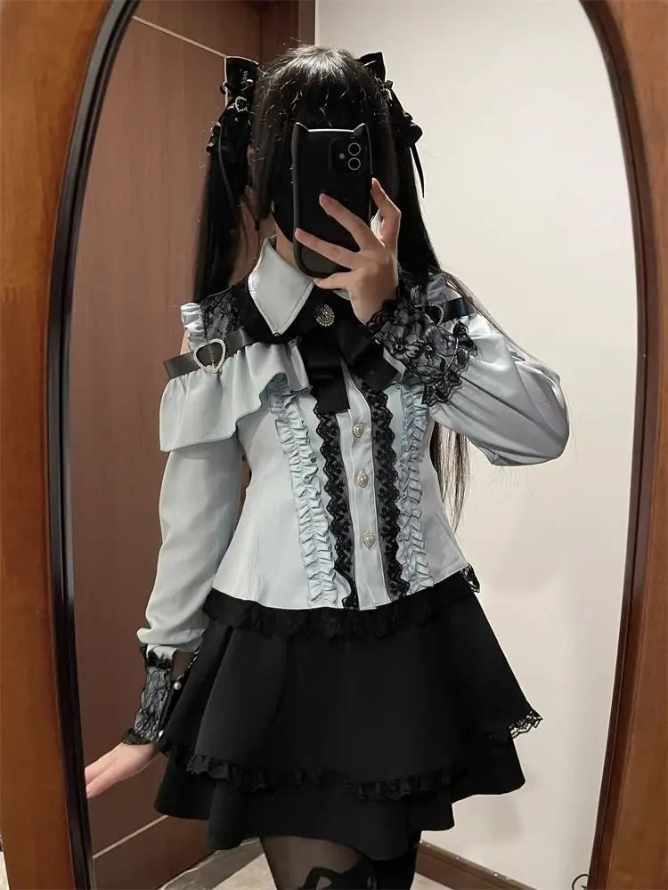 k Gothic Sle oulder Bared irt And f Skirt Set Spring Autumn Sweet Subculture Encounter Jk orm Two Piece Set f...