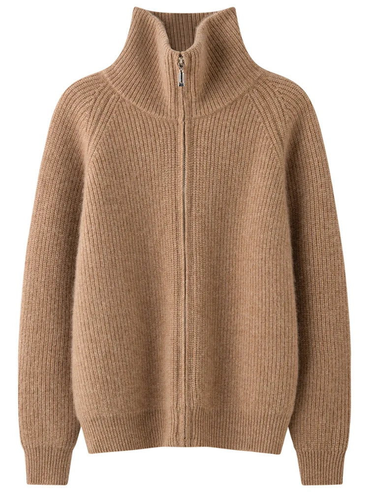 Autumn and winter women's clothing 100% pure cashmere collar thick knit zipper cardigan oversized coat sweater long sleeve loose