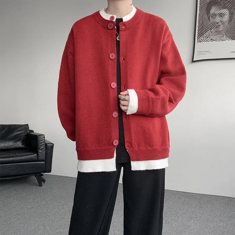 Men's Casual Contrast Color Cardigan Sweater Loose Button Front Knitted Coat for Daily Wear