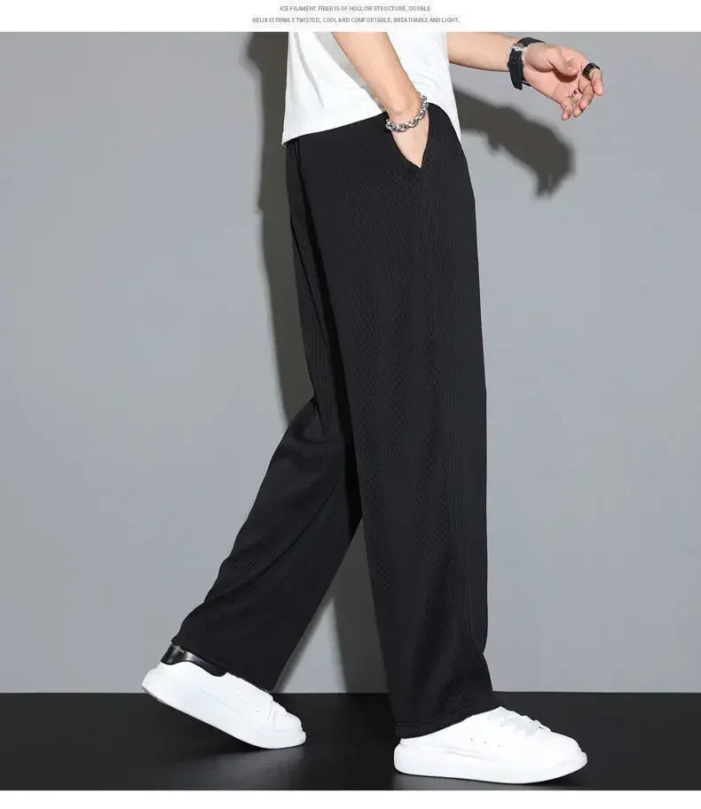 Summer Loose Ice Silk Pants Men's Drape 100KG Size Long Pants Fat Casual Sports Pants Wide Leg Straight Pants Tide Brand