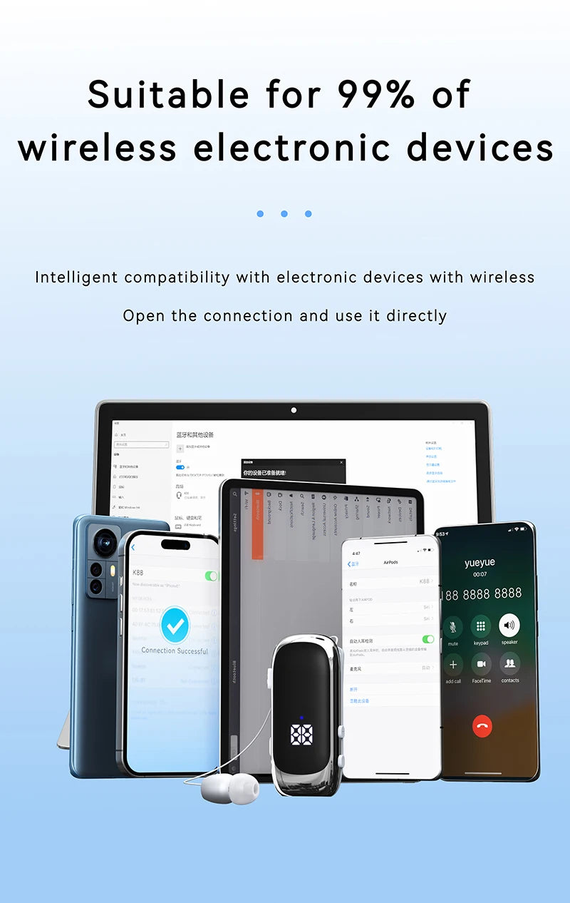 K88 Lavalier Business Bluetooth 5.4 Headphone Talk/Music Time 20 Hours,LED Digital Display,Noice Cancelling Wireless Earphones