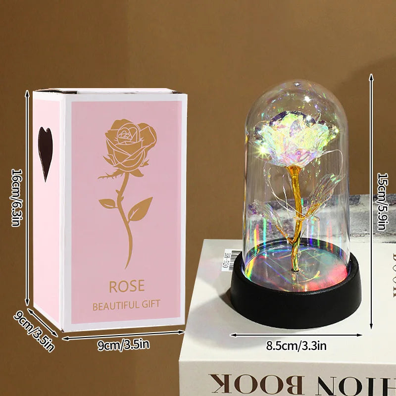 Artificial Rose Flowers Eternal Rose LED Light Foil Flower in Glass Cover Simulation Rose Flower Christmas Valentine's Day Gifts