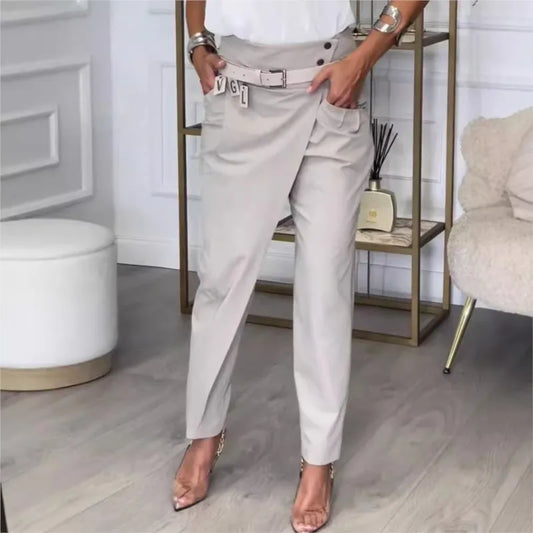 New Autumn Asymmetric High Waisted Pants For Women Fashion Chic Belt Straight Pants Casual Street Trousers Ladies Solid Bottoms