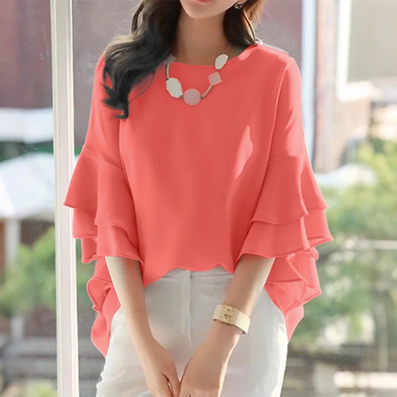 ZANZEA 2025 Fashion Summer Blouse Women Flare Sleeve Casual Tops Loose Ruffled Shirts Solid Color Elegant OL Blusas Femininas