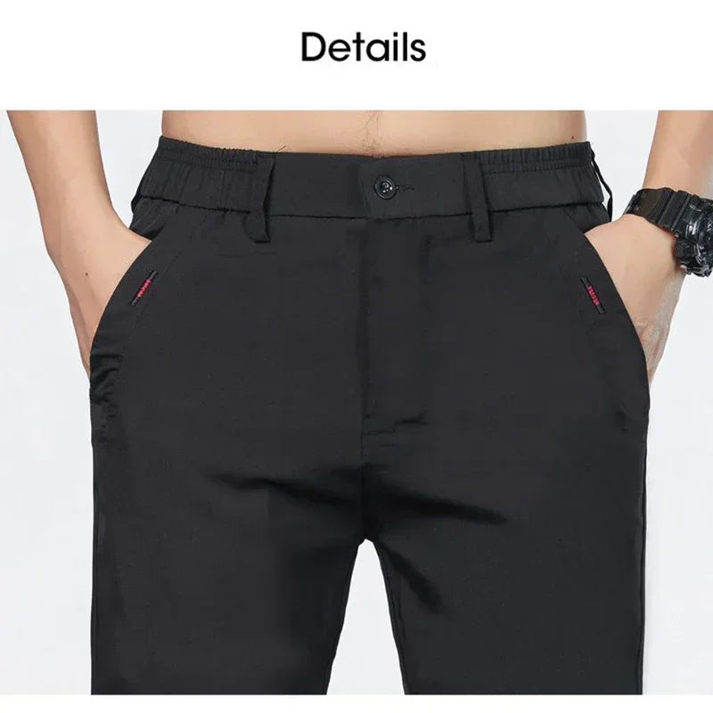 Men Ice Silk Thin Classic Casual Pants Male Slim Fit Straight Leg Daily Business Trousers Fashion Elastic Waist Black Gray Pants