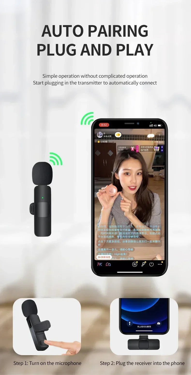 Lenovo 2 In 1 Portable Wireless Lavalier Microphone for Live Broadcast Gaming Audio Video Recording iPhone Android Mini Mic