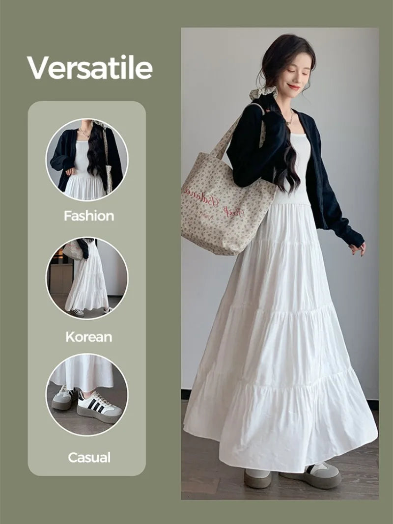 Elegant White Ruffled Long Skirts for Women High Waist A Line Maxi Skirt Woman Spring Summer Casual Loose Korean Umbrella Skirt