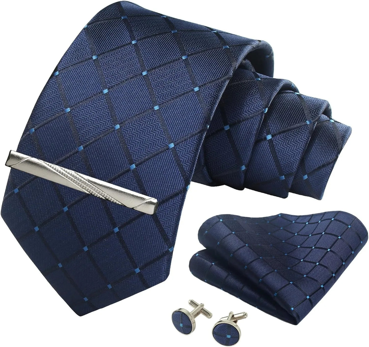 Classic 100% Silk Men's Ties In Gift box 8cm Plaid Dot Striped Business Necktie Handkerchief Cufflinks Wedding Party Tie Set