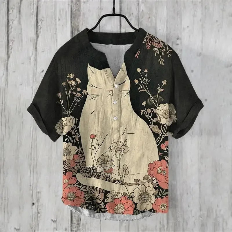 Fashionable men's V-neck shirt with 3D animal print men's short sleeved top, loose and comfortable new style