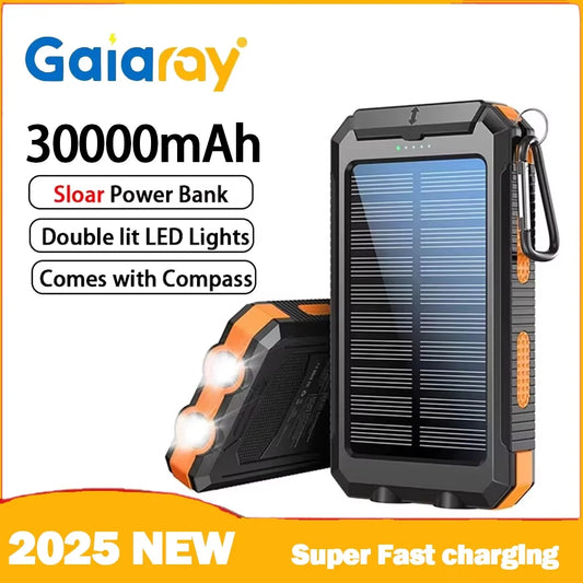 Gaiaray Dual USB Travel Large Capacity LED Lighting 30000mAh Solar Power Bank Camping Spare Power Outdoor Waterproof Power Bank
