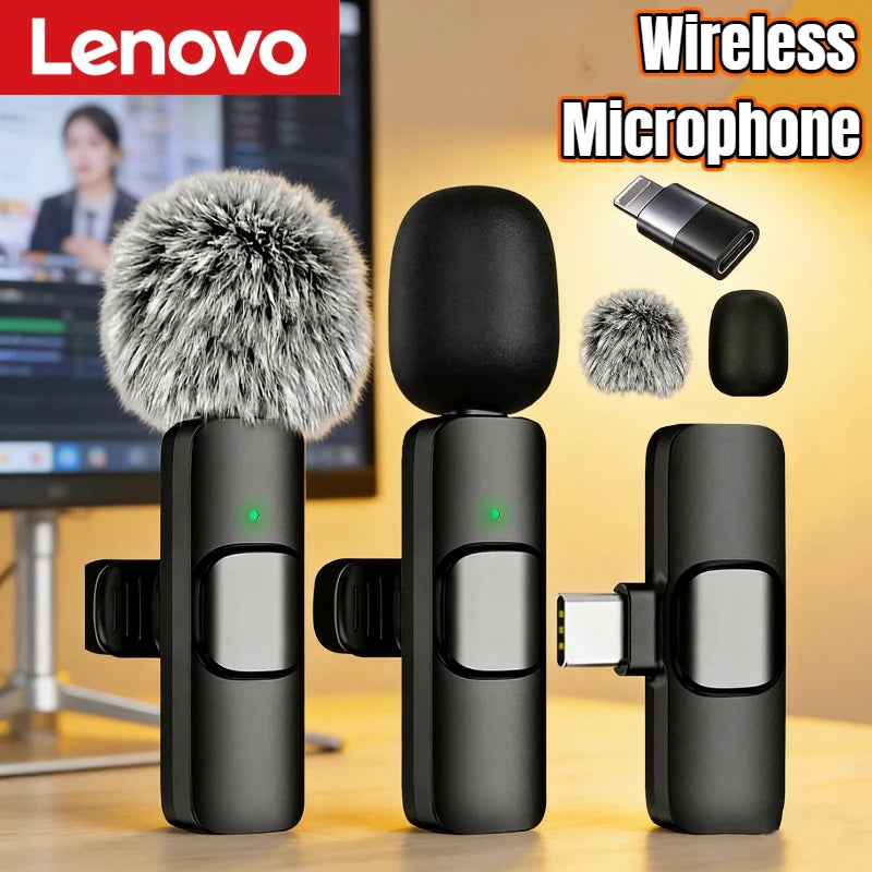 Lenovo 2 In 1 Portable Wireless Lavalier Microphone for Live Broadcast Gaming Audio Video Recording iPhone Android Mini Mic