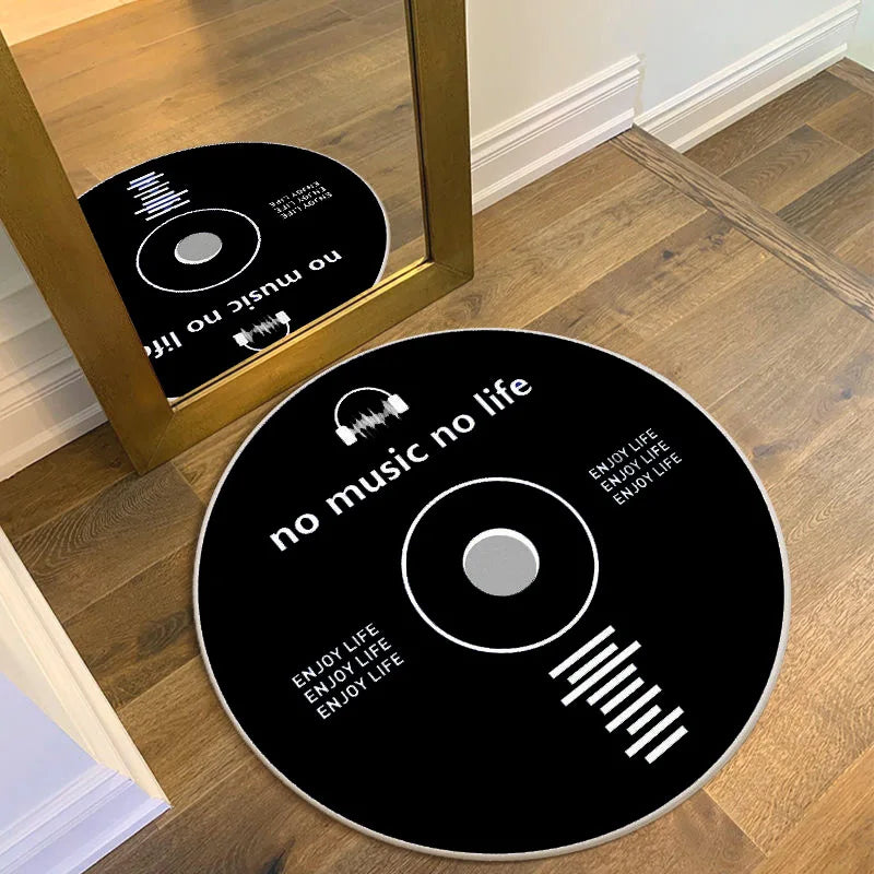 Vinyl Record Pattern Round Carpet Letter Print Home Decor Floor Mat Modern Music Theme Non-Slip Rug for Living Room Music Room