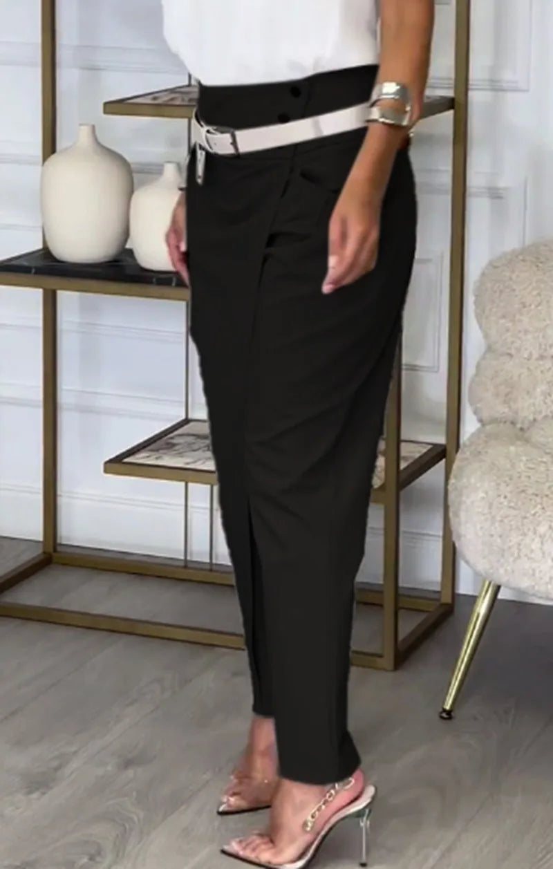 New Autumn Asymmetric High Waisted Pants For Women Fashion Chic Belt Straight Pants Casual Street Trousers Ladies Solid Bottoms