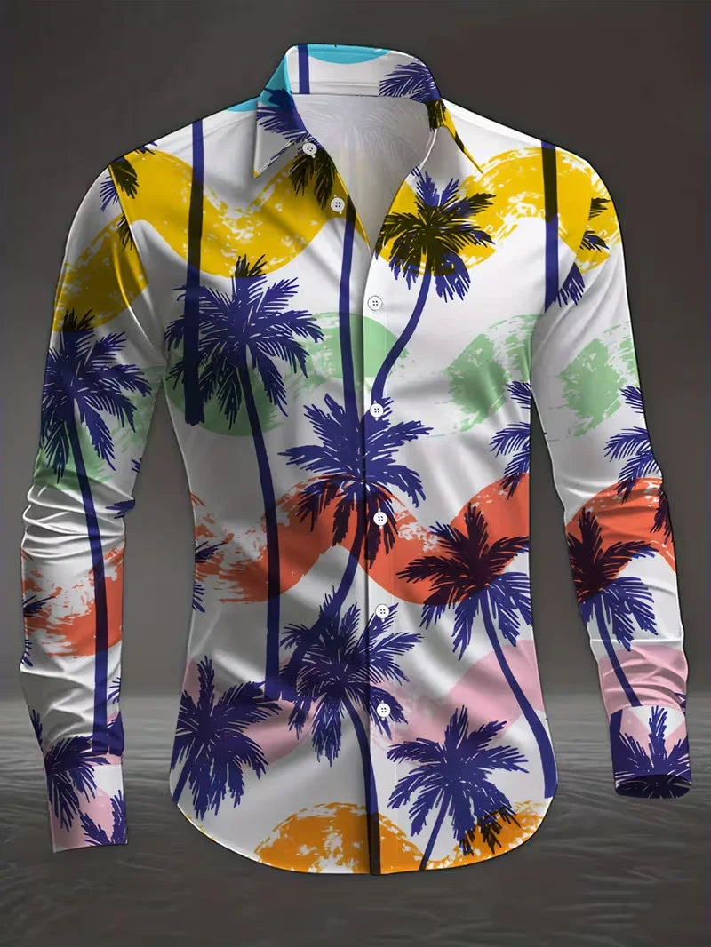 New men's long sleeved shirt with casual plaid pattern and branch print collar, versatile and comfortable top clothing