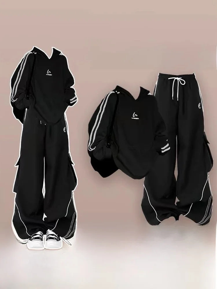 Korean Sle College Girl Sweatirt And Pants Set Spring Autumn Cool Streetwear Two Piece Set Long Sve Hooded Hoodie