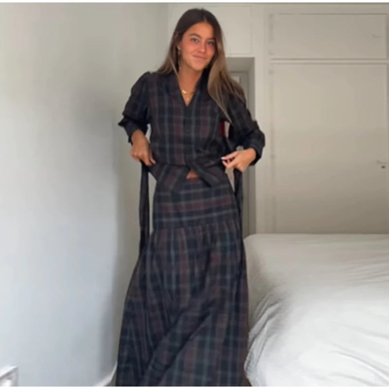 Women Chic Lace Up Checkered Skirt Suit Elegant V-neck Long Lantern Sleeve Top Long Skirts Set 2026 Spring Lady Commute outfits