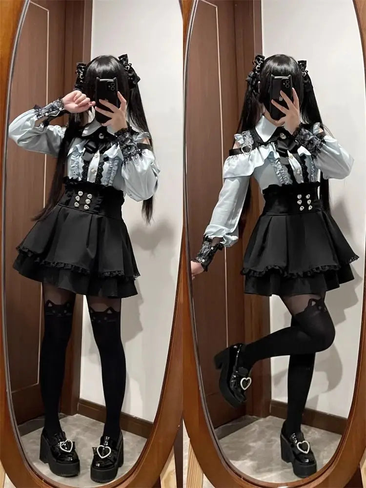k Gothic Sle oulder Bared irt And f Skirt Set Spring Autumn Sweet Subculture Encounter Jk orm Two Piece Set f...