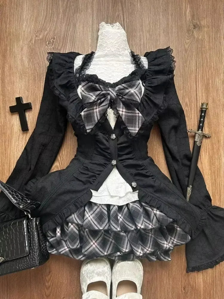 Japanese Sweet Preppy Style 2 Piece Set Women Kawaii Lace Patchwork Bow Tops + Y2k Plaid Mini Skirt Elegant Fashion Outifits New